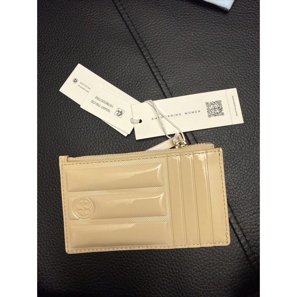 Tory Burch Fleming Patent Quilted Zip Card Case Wallet Vanilla Soft Serve NWT